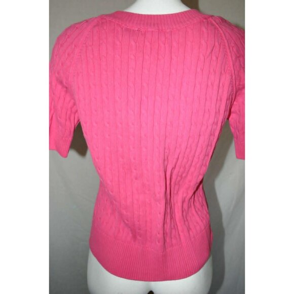 Jeanne Pierre Womens Pink Cable Knit V-Neck Short Sleeve Sweater Size Medium - Picture 5 of 6